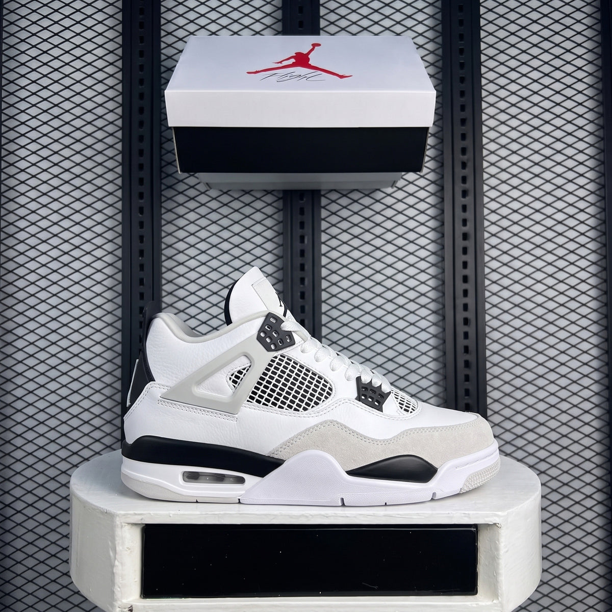 White and black leather high-top with side netting