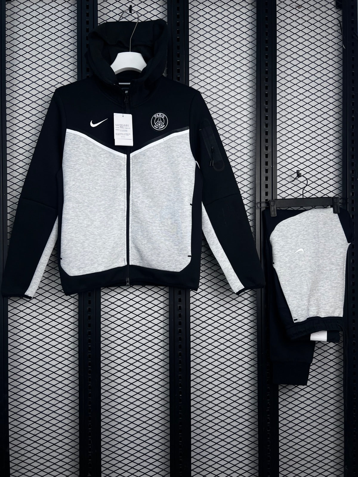 Chevron colour-blocked hooded zip tracksuit in heather grey