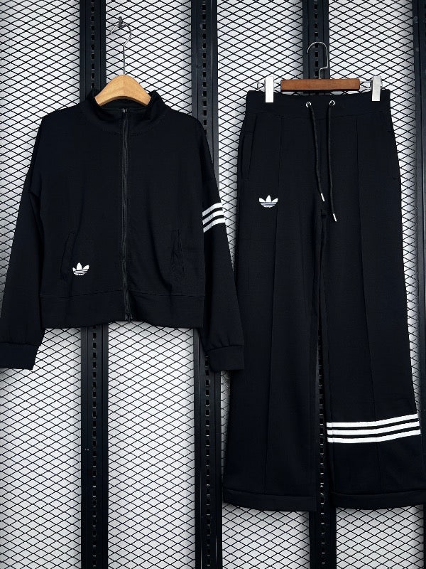 Three-stripe banded track jacket and wide-leg trousers