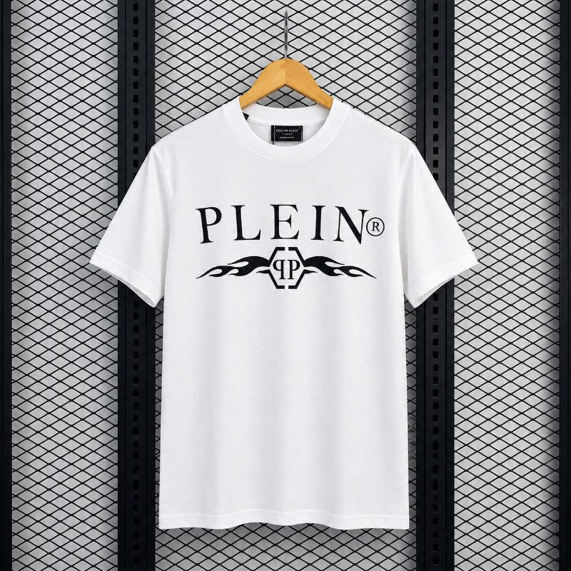 Ribbed-collar cotton t-shirt with tribal flame graphic