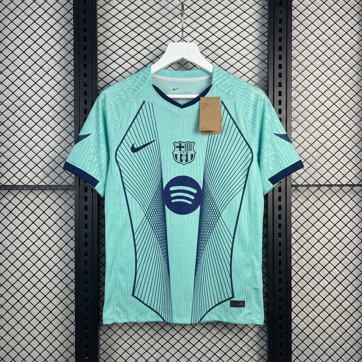 Subtle-sheen mint knit jersey with dynamic graphic lines