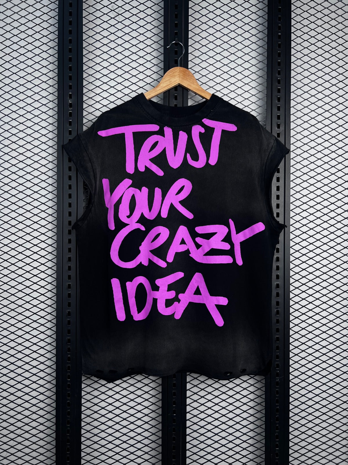 Neon pink text print washed black cotton tee