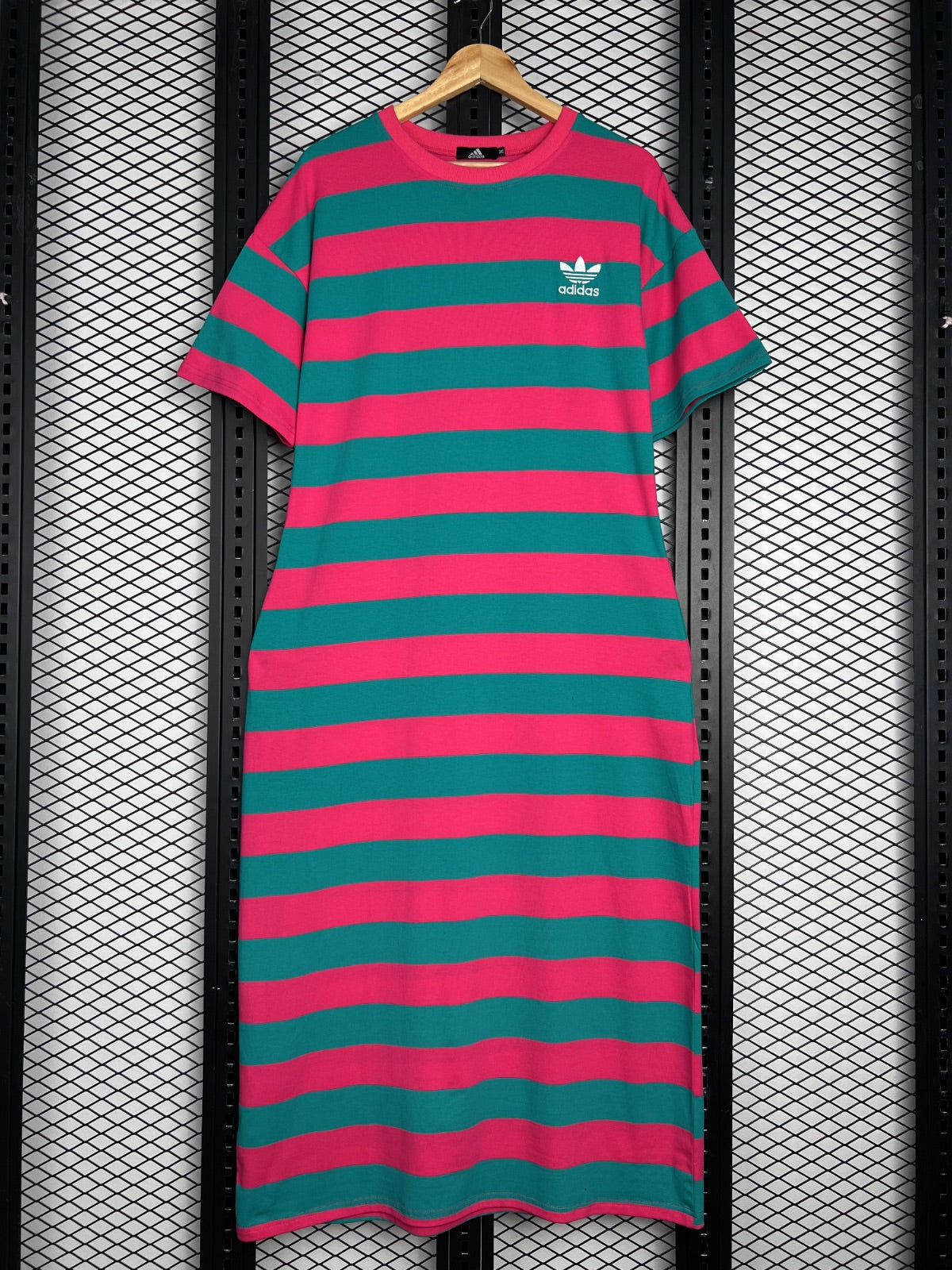 Horizontal striped short-sleeve jersey dress in pink and teal