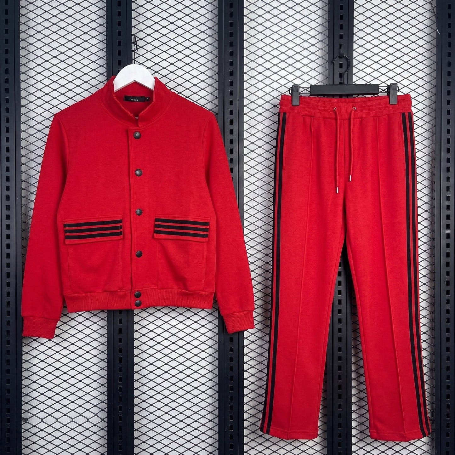 Smooth red tracksuit set with contrast side stripes