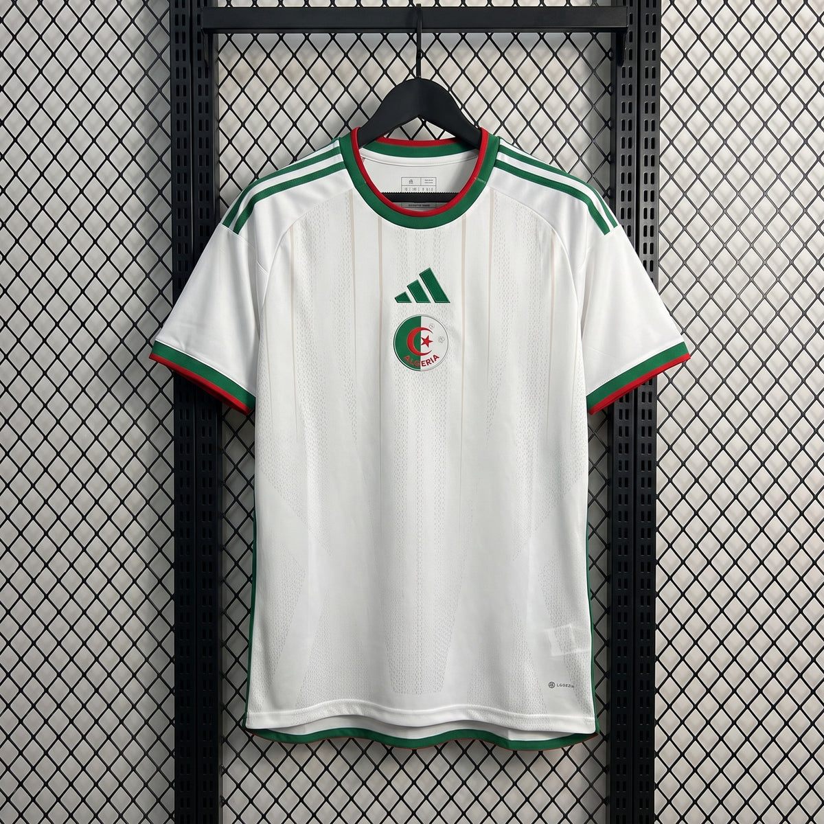 Subtle striped white short-sleeve jersey with green trim