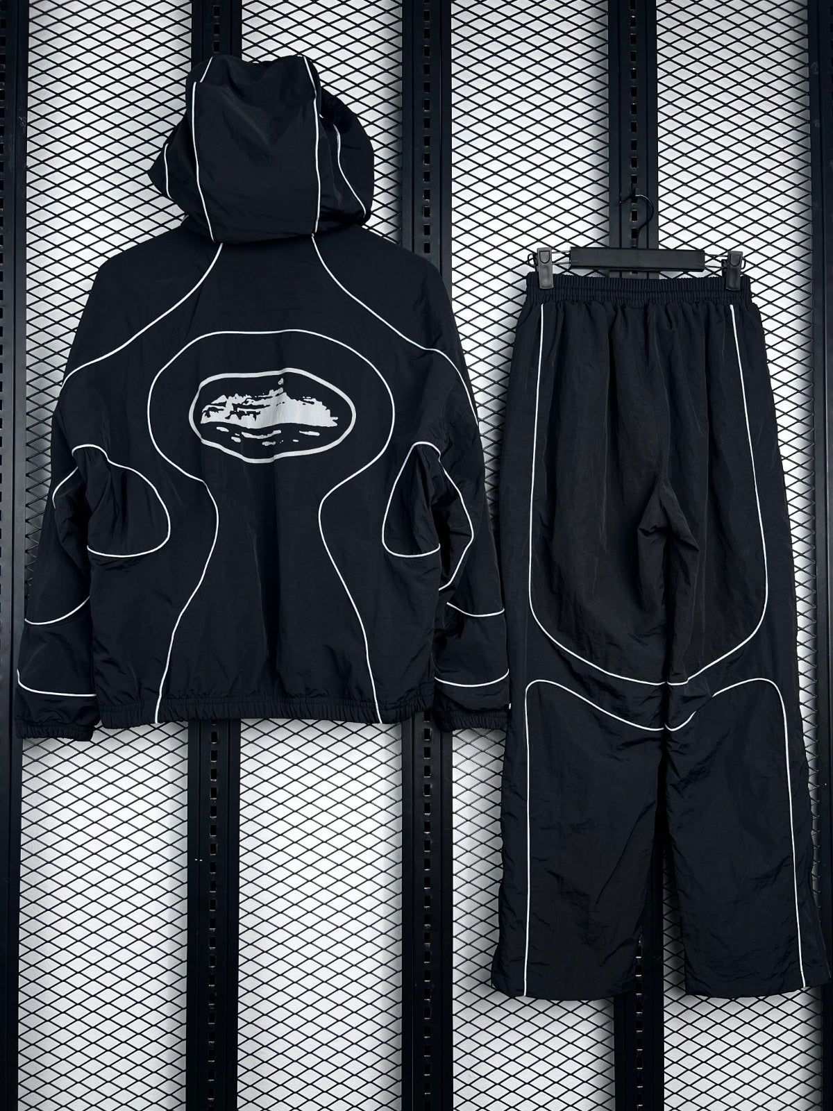 Hooded nylon tracksuit set with white contrast piping
