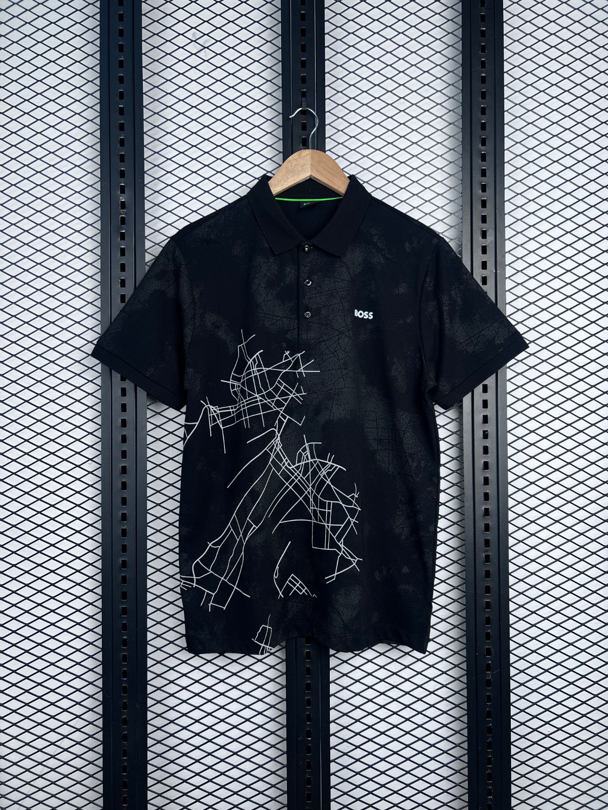 Three-button polo shirt with abstract street-map print