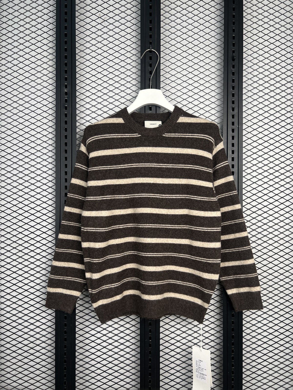 Brown and cream multi-stripe crewneck knit sweater