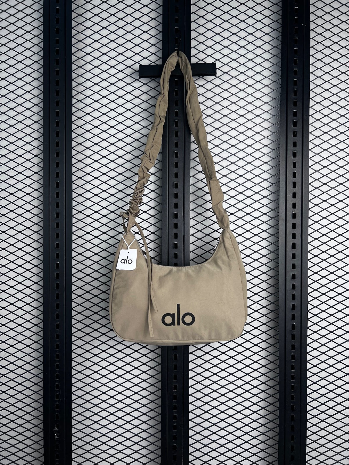 Ruched-strap nylon shoulder bag in taupe