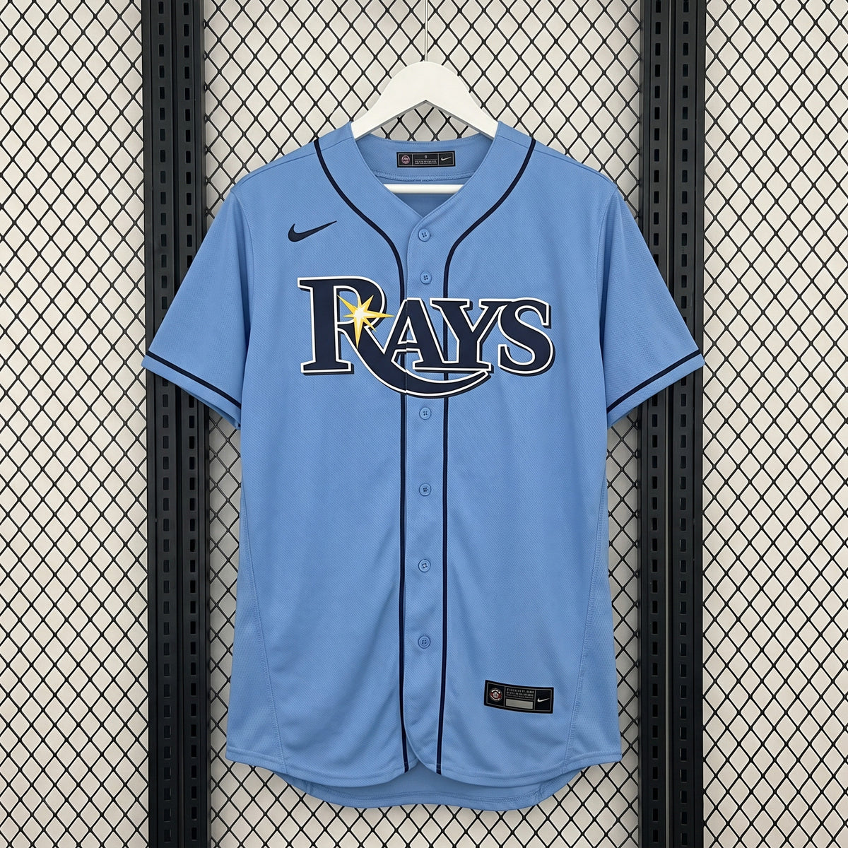 Navy-piped button-down baseball jersey in sky blue