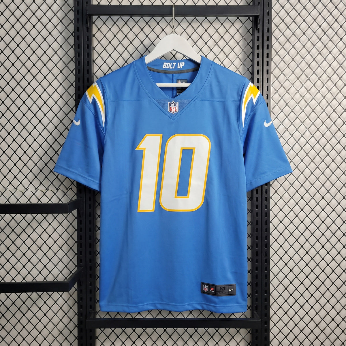 Lightning-bolt shoulder graphic v-neck mesh jersey in powder blue