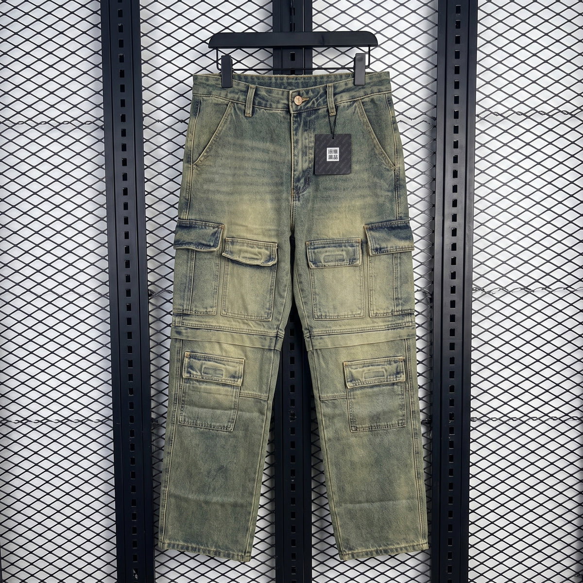 Acid-wash yellow-tint cargo denim with multi-pocket detailing