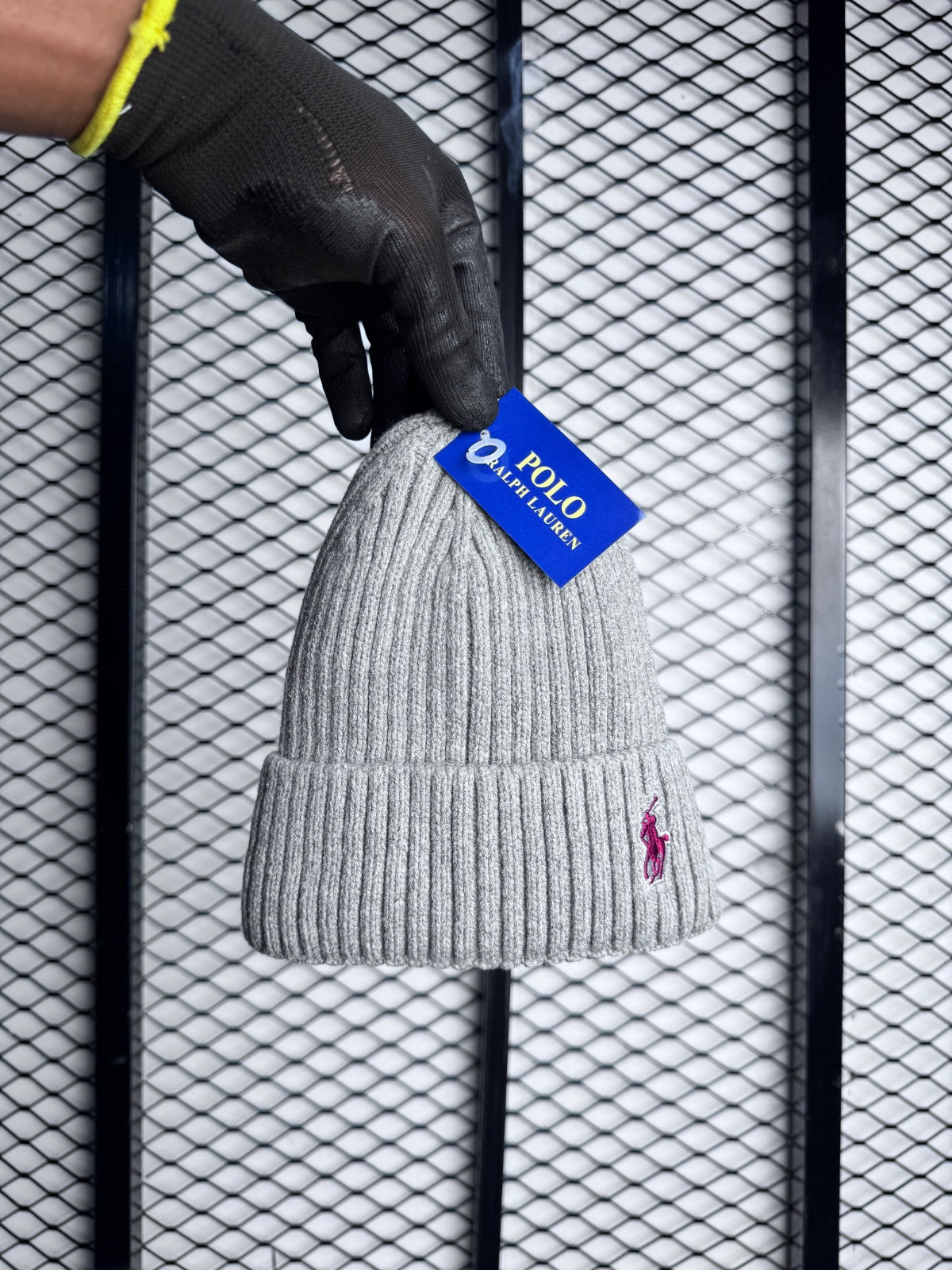 Embroidered detail chunky ribbed knit beanie in heather grey