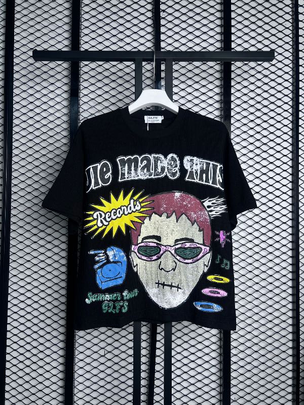 Distressed graphic textured knit T-shirt in black