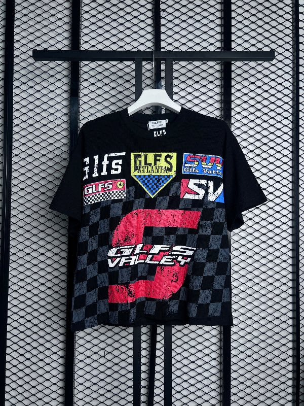 Short-sleeve textured crewneck with checkered graphic print