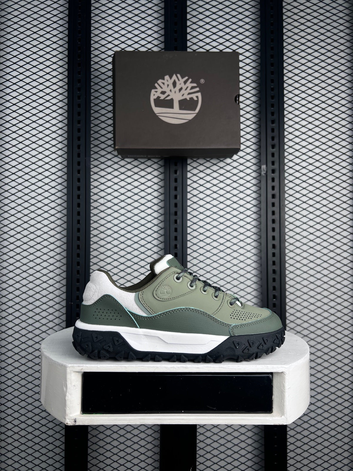 Lug-sole mixed-media trail sneaker in olive and sage