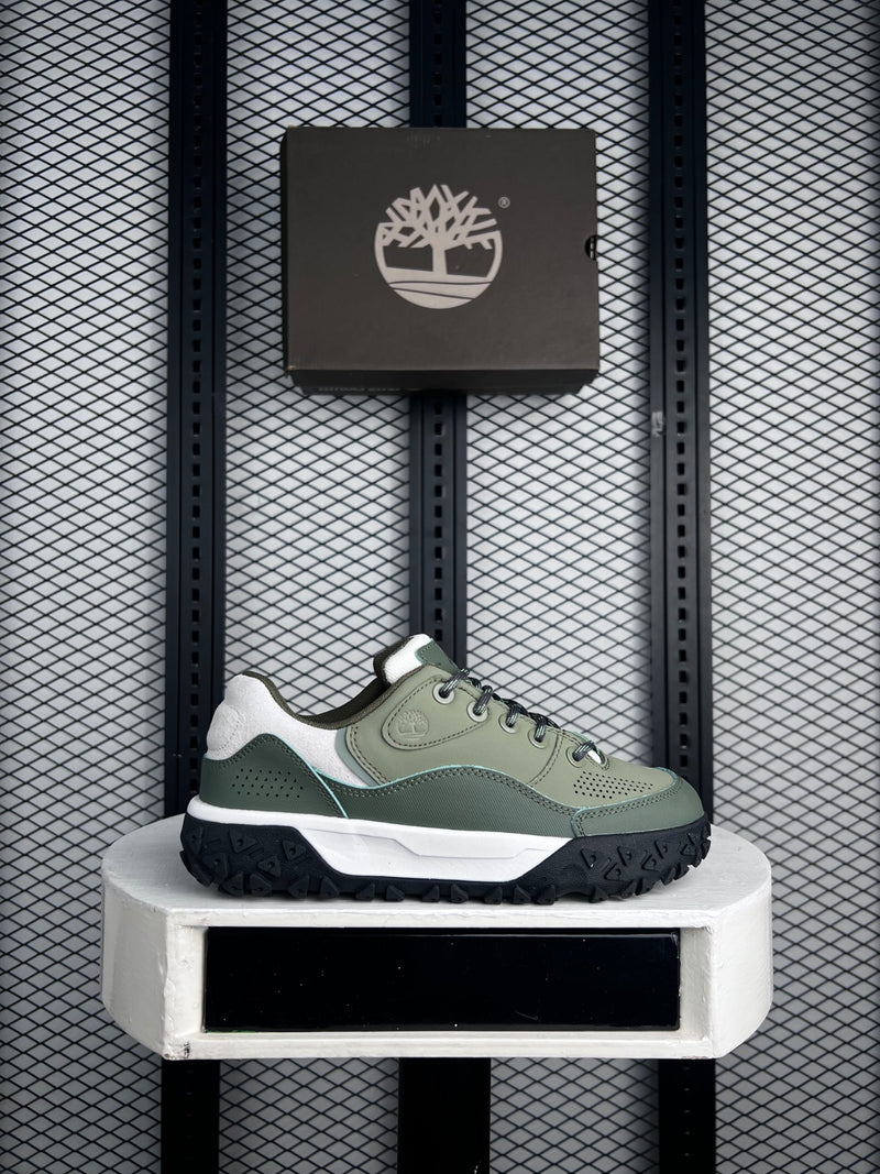 Lug-sole mixed-media trail sneaker in olive and sage