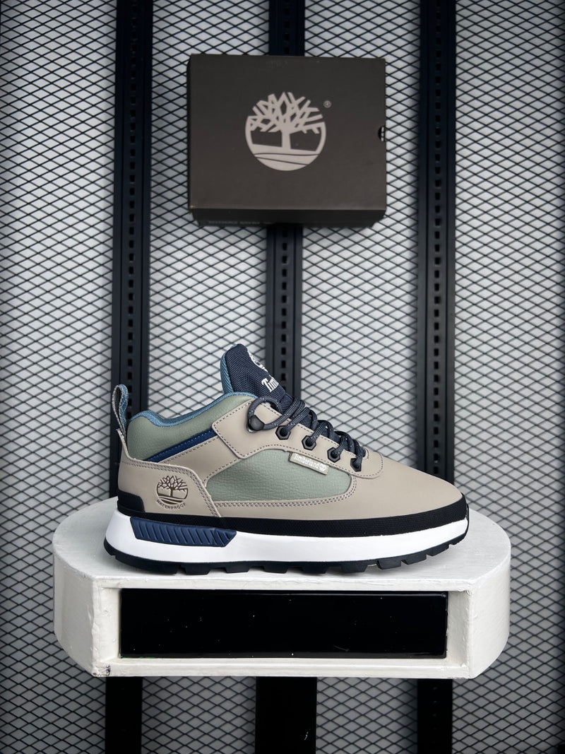 Matte beige and sage paneled hiker sneakers
