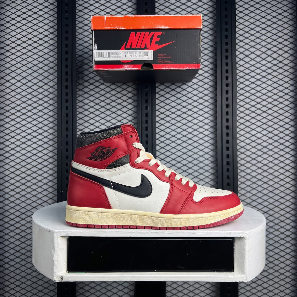 Cupsole leather high-top trainer in red, cream and black