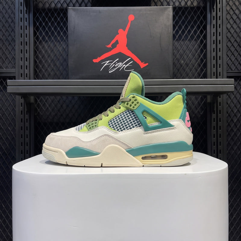 Teal lace-cage leather mid-tops with neon tongue