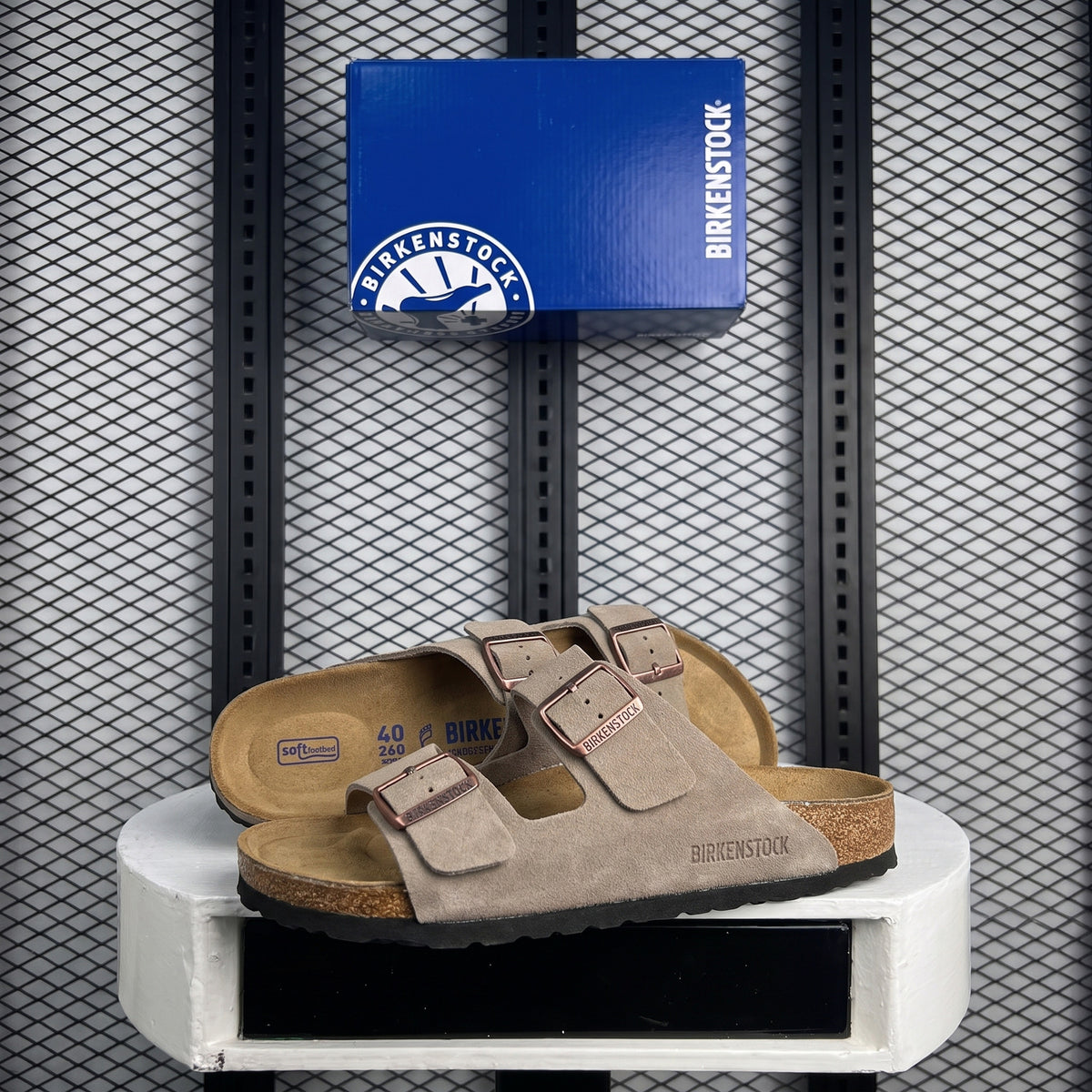Double-strap buckled slide in taupe with cork footbed