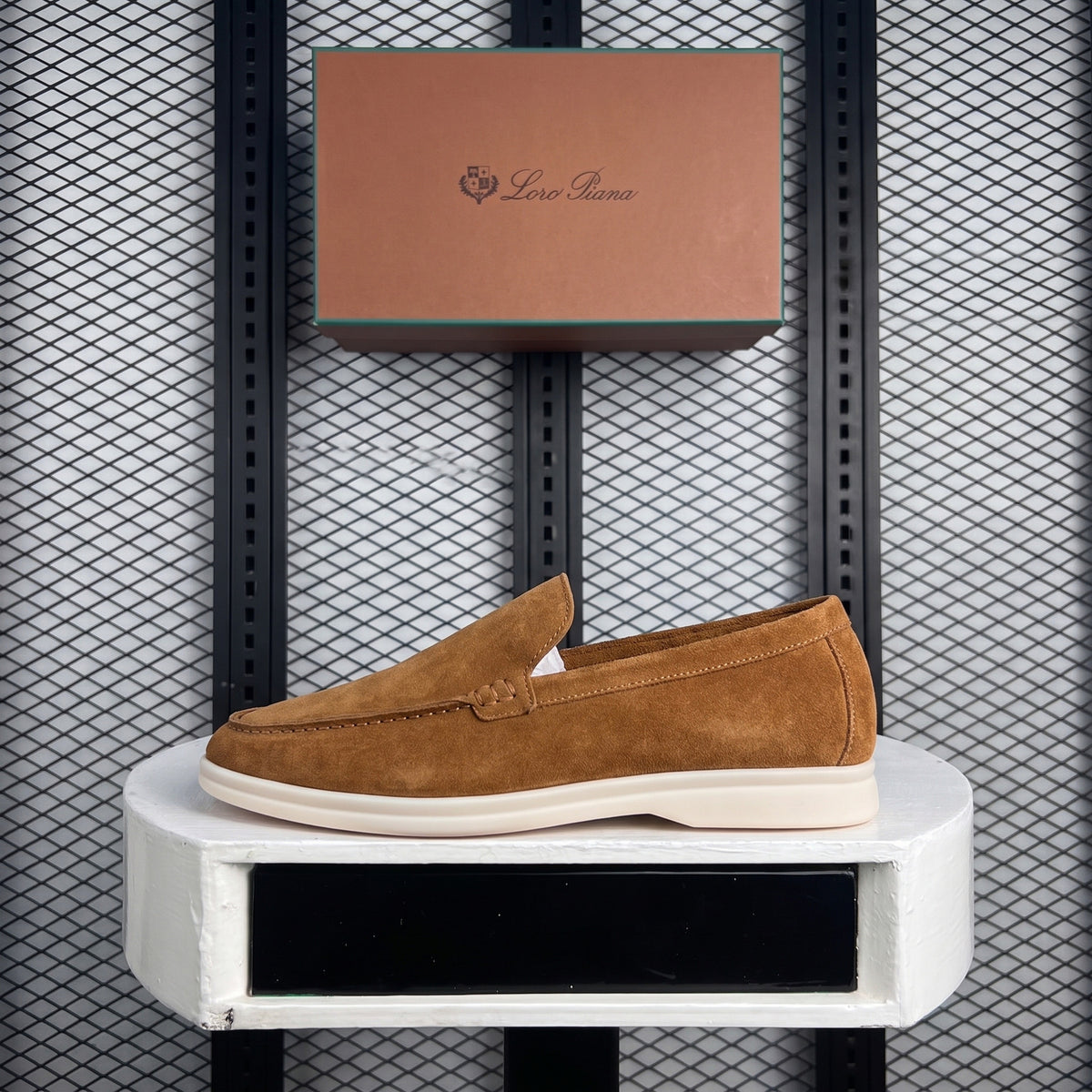 Matte nubuck loafer in tan with an almond-toe shape with a luxury finish