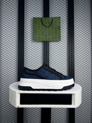 Printed textured denim low-top in navy and black