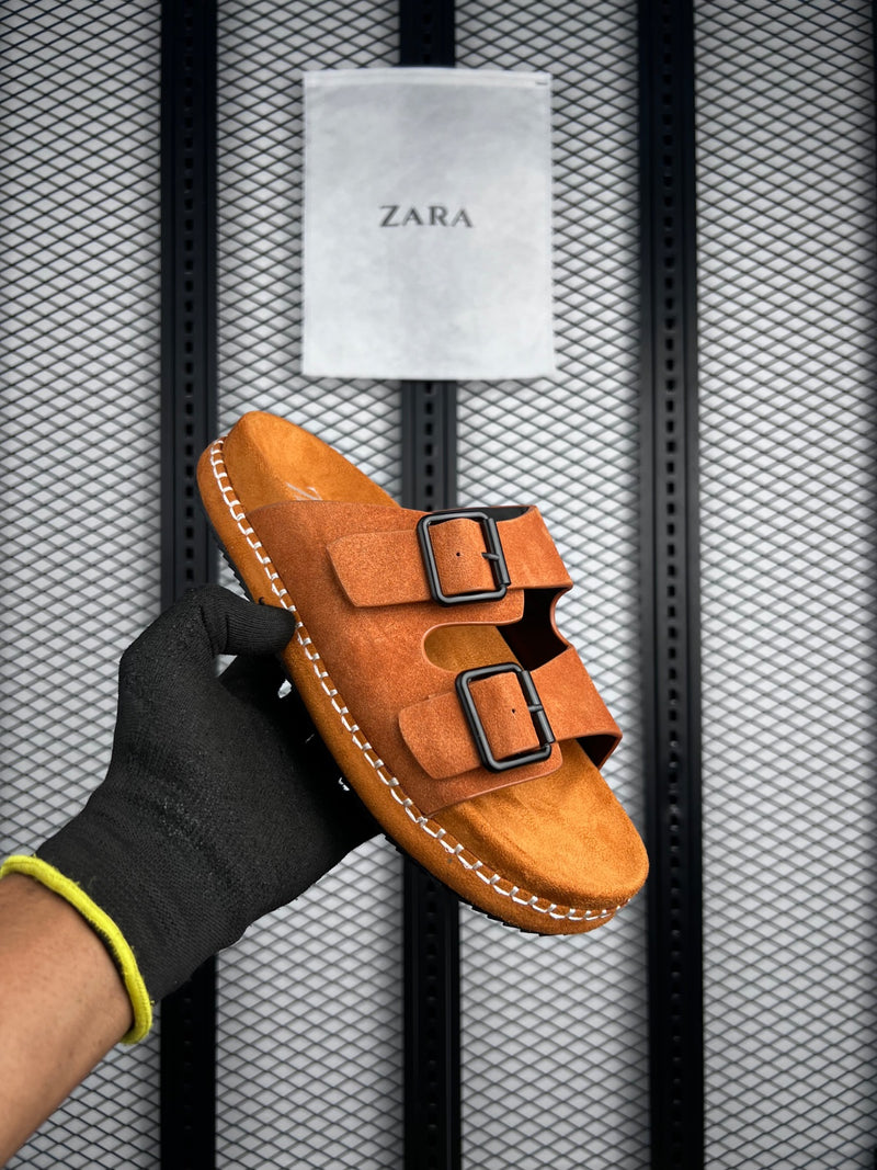 Tan double-strap slide with contrast perimeter stitching