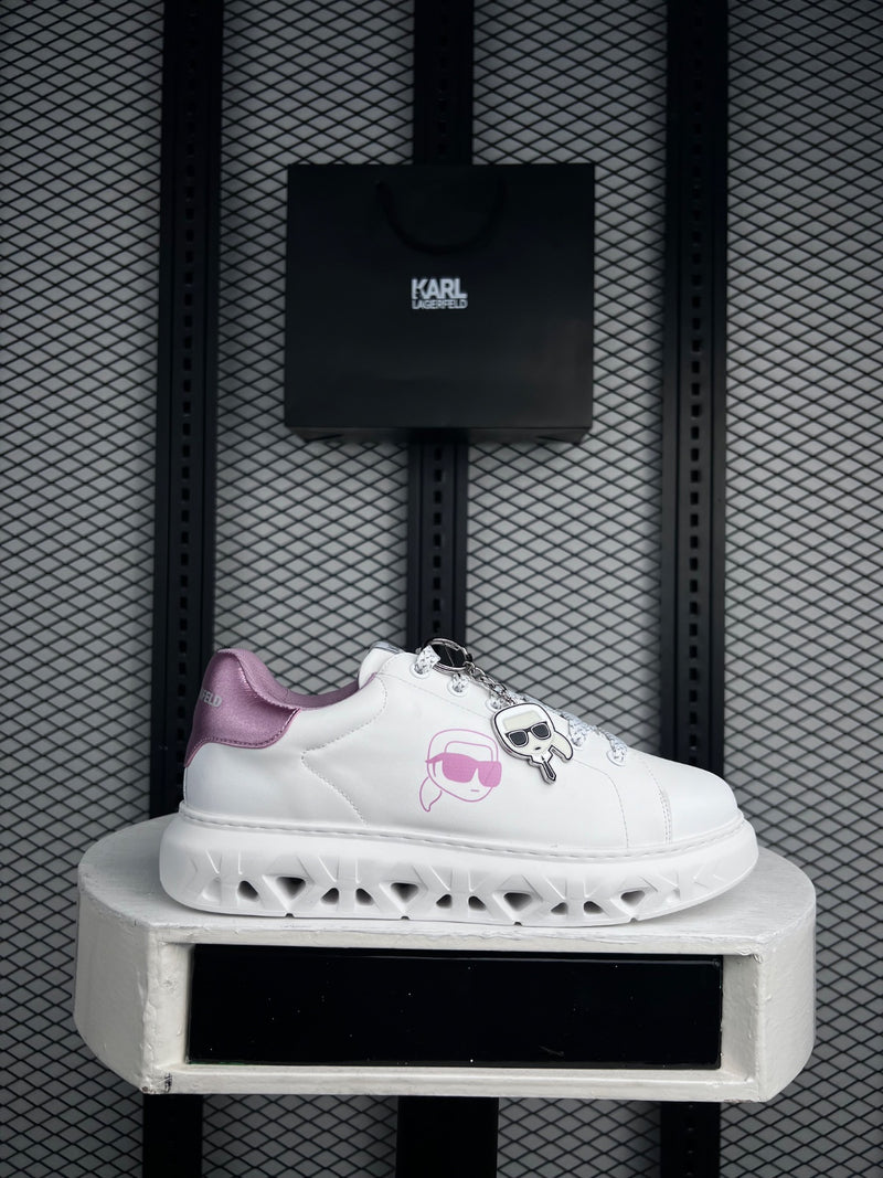 Chunky platform silhouette in white with metallic pink heel