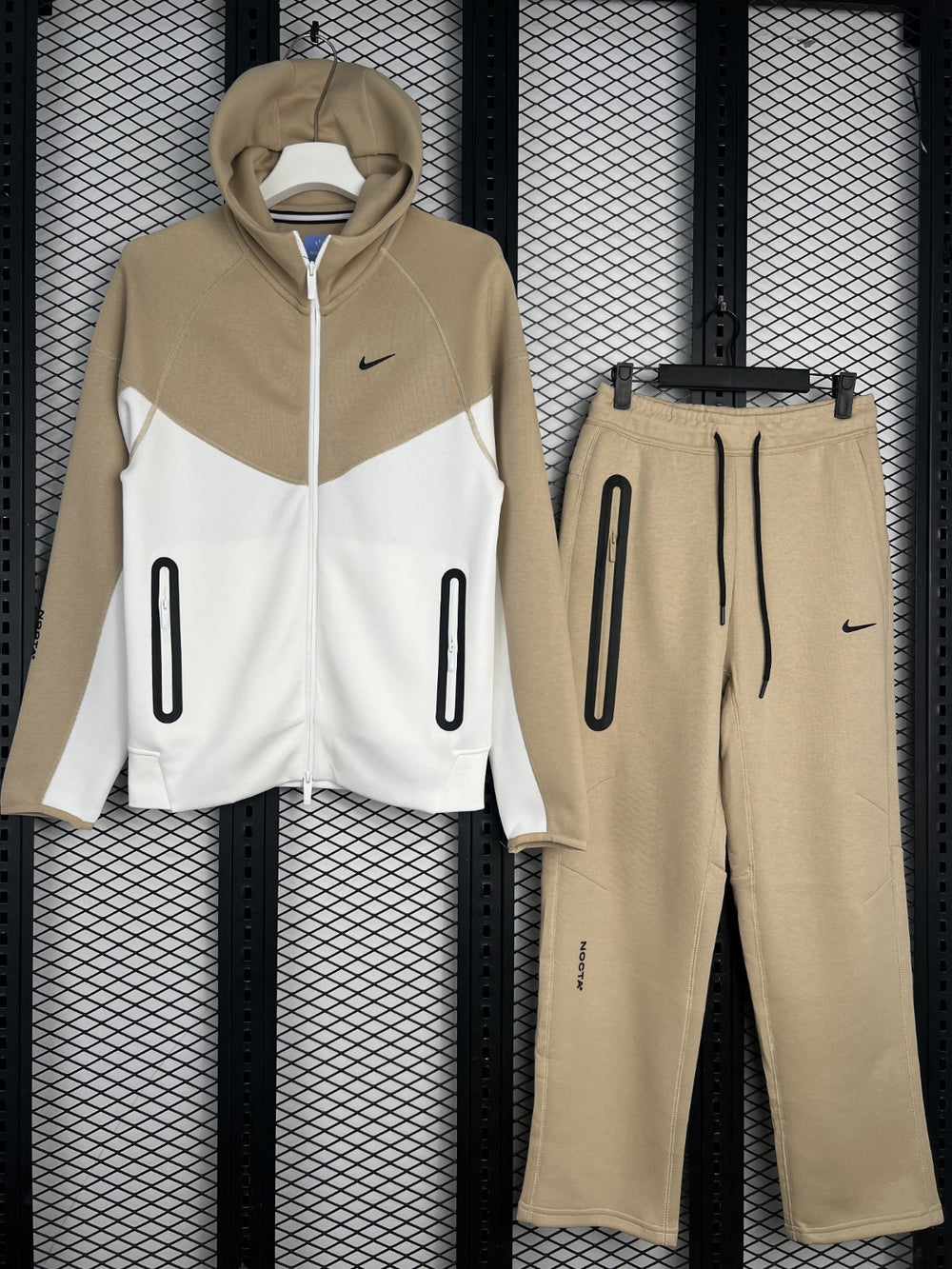 Chevron-panel fleece tracksuit in tan and cream