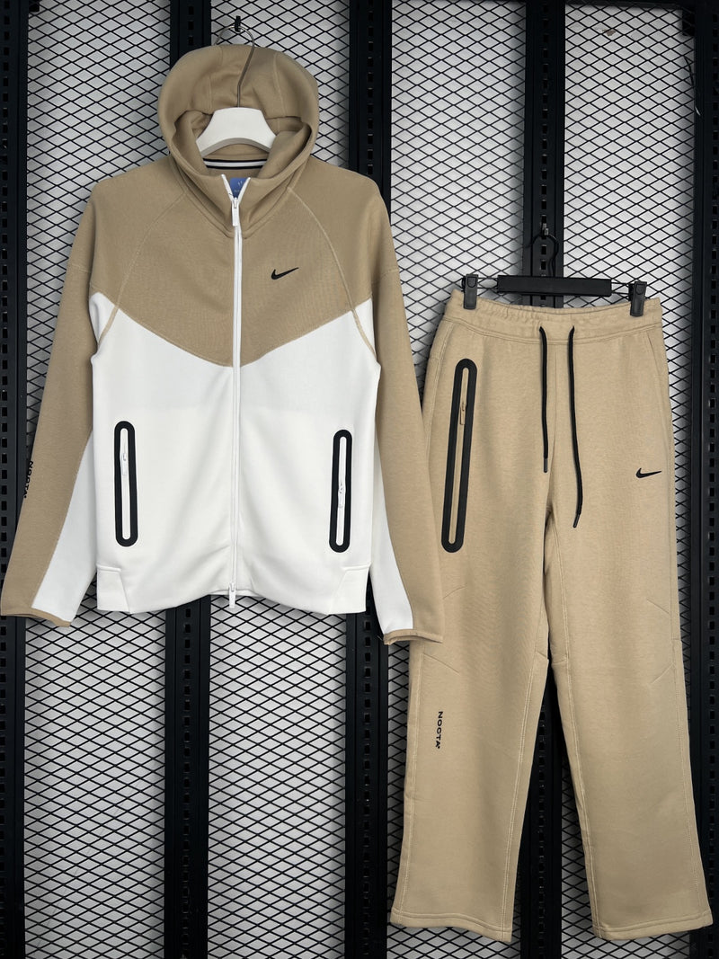 Chevron-panel fleece tracksuit in tan and cream