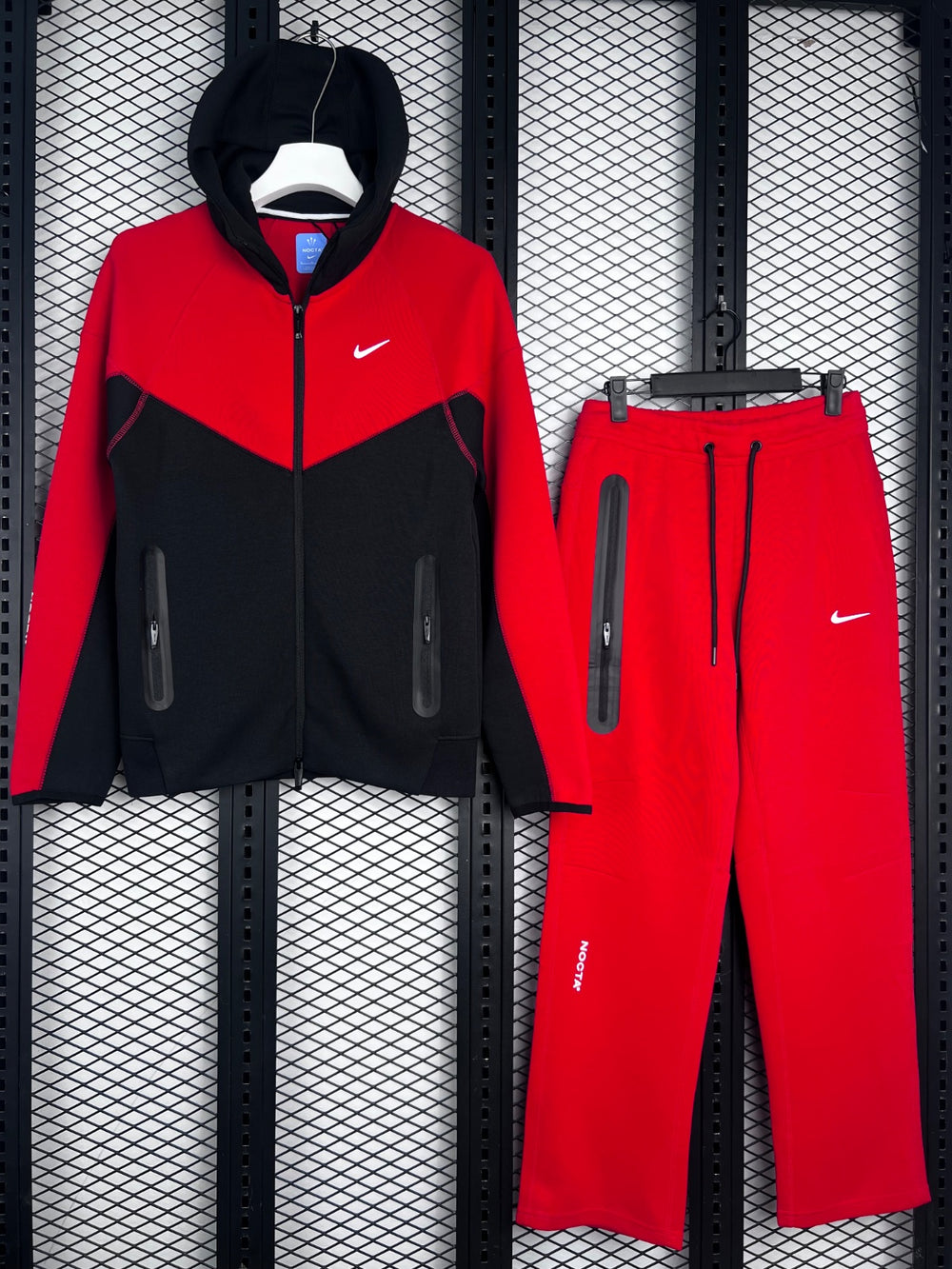 Chevron-blocked fleece hooded tracksuit in red and black