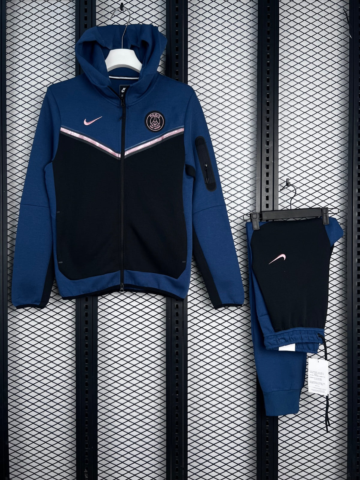 Panel-constructed hooded tracksuit in blue and black