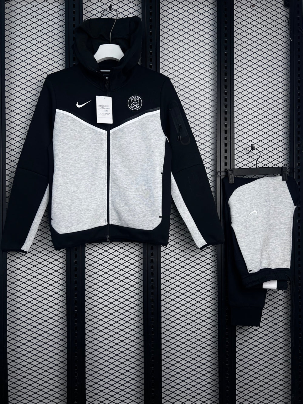 Chevron colour-blocked hooded zip tracksuit in heather grey