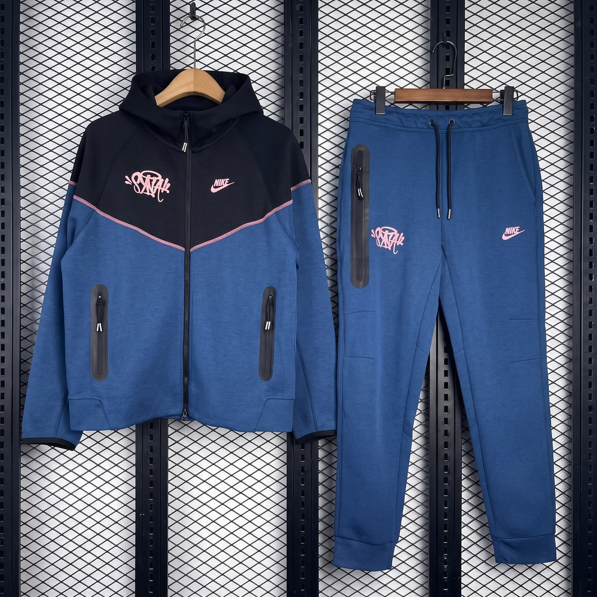 Taped-zip fleece tracksuit in blue and black