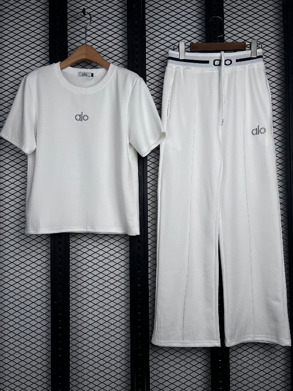 Pin-tucked wide-leg lounge set in crisp white