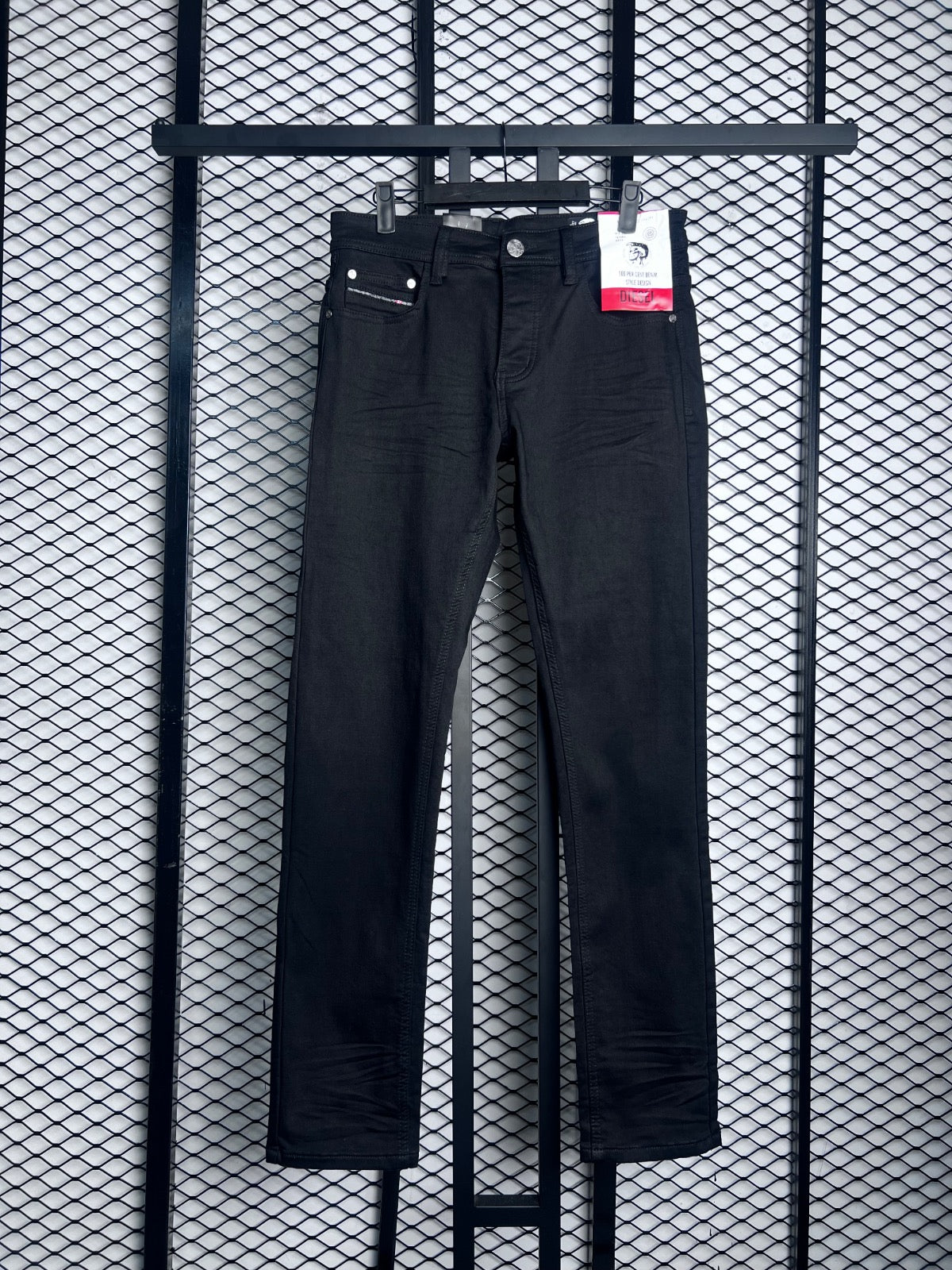 Solid jet-black denim five-pocket straight-leg trousers