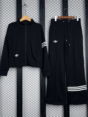 Three-stripe banded track jacket and wide-leg trousers