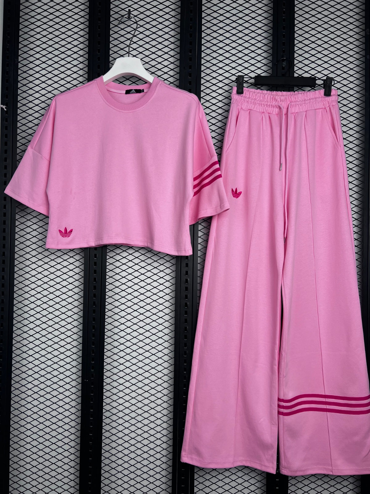 Pink cropped tee and wide-leg trousers lounge set