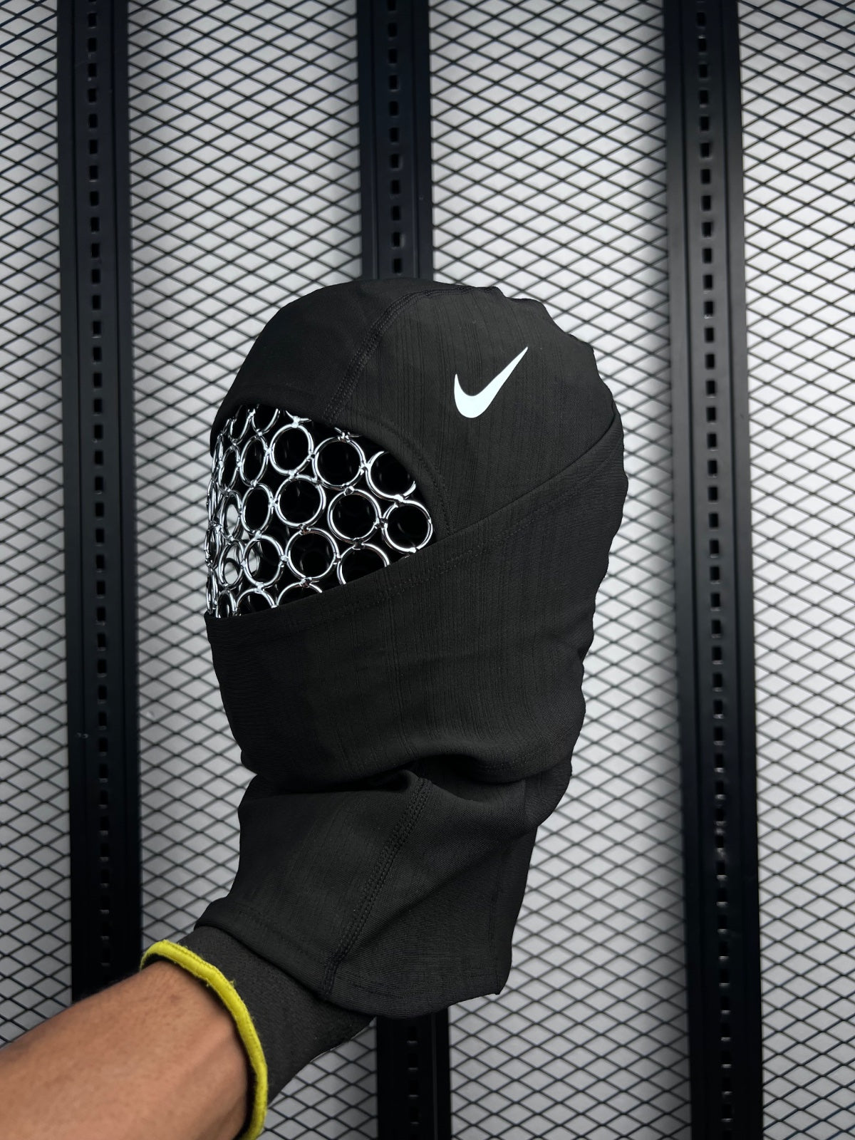 Black stretch balaclava with silver chainmail eye insert
