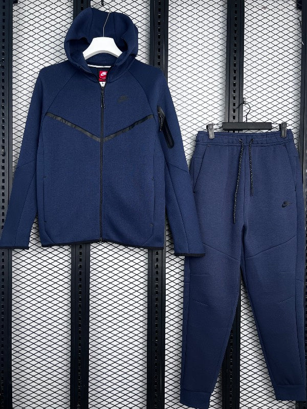 Chevron-taped fleece full-zip tracksuit in deep navy