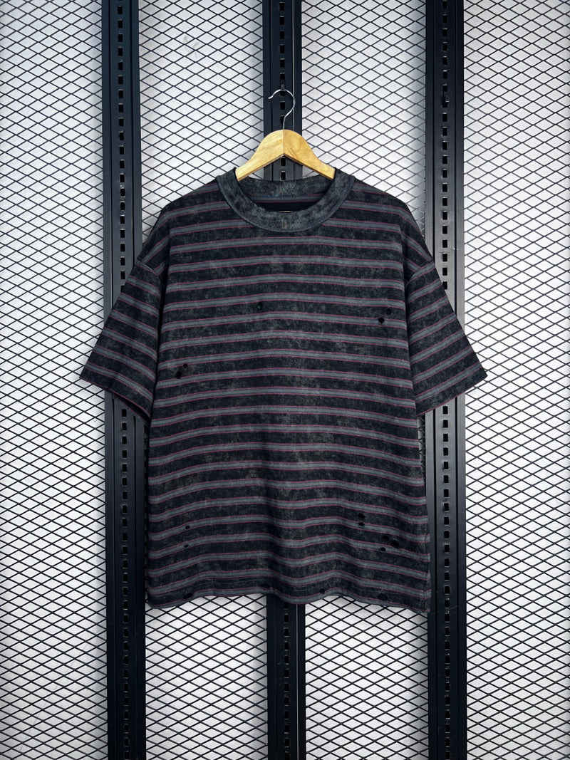 Acid-washed striped ribbed crewneck long-sleeve tee