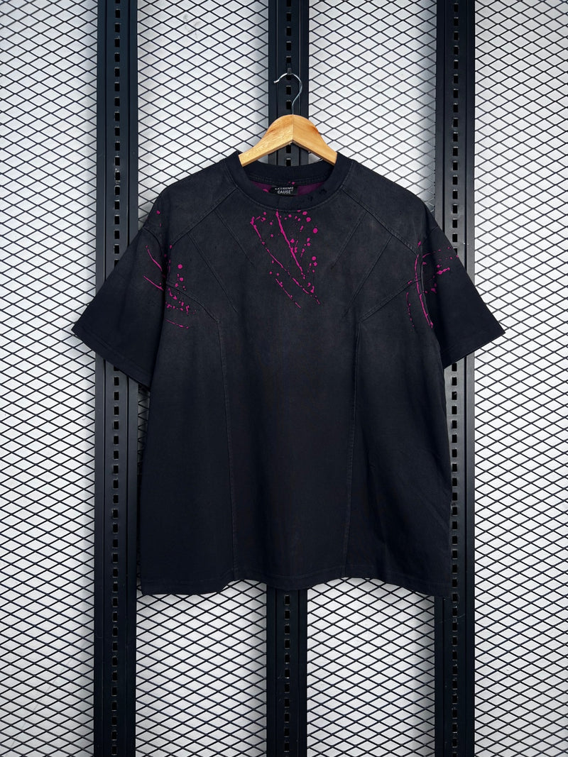 Paneled cotton T-shirt with neon pink paint splatters