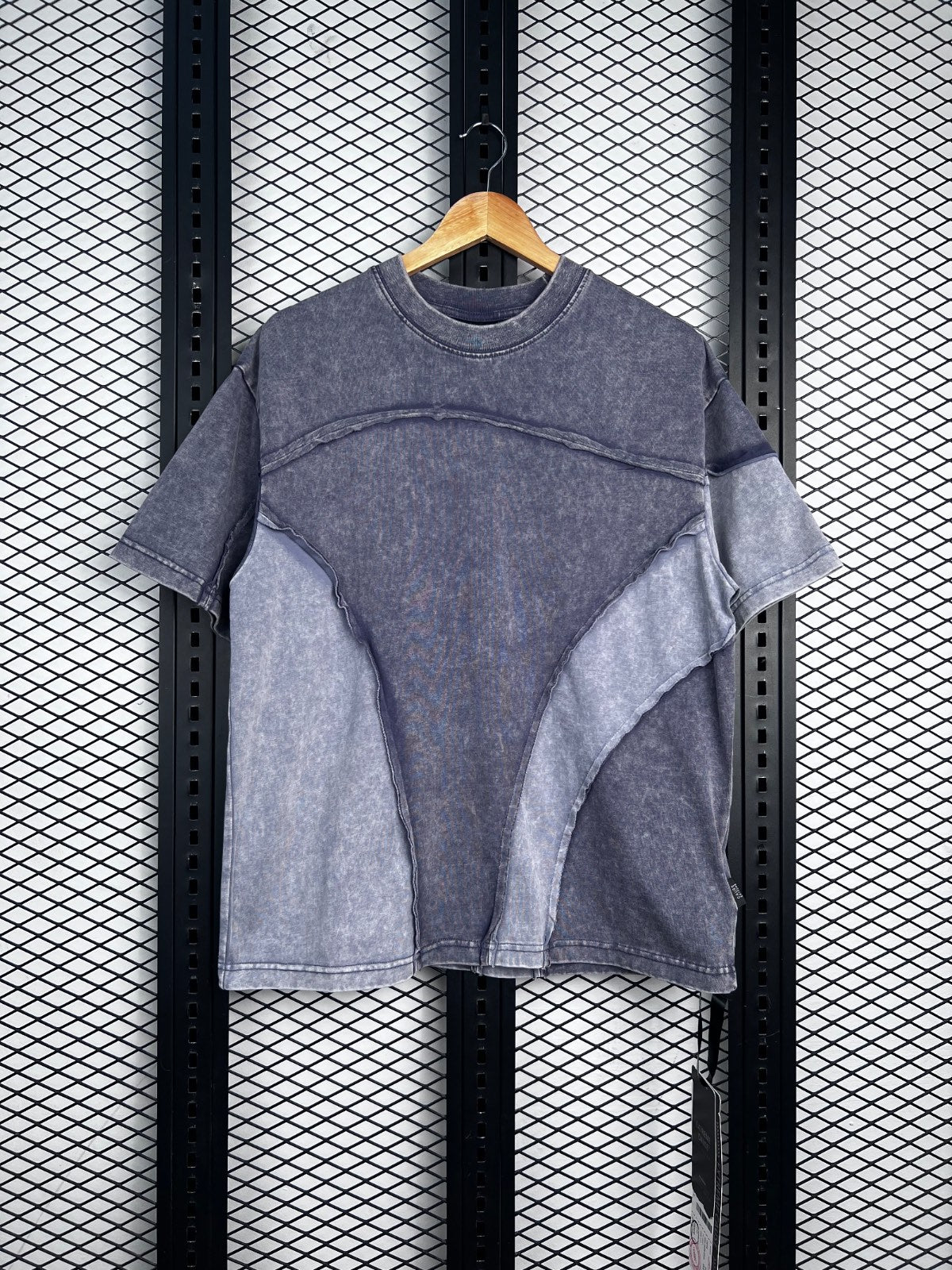 Raw-edge panelled t-shirt in washed slate grey