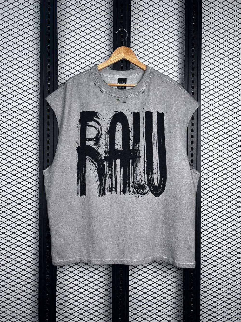 Distressed-neck washed sleeveless top in grey