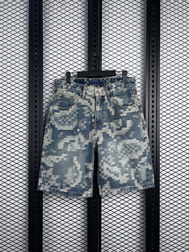 Denim shorts with pixelated jacquard pattern in washed indigo
