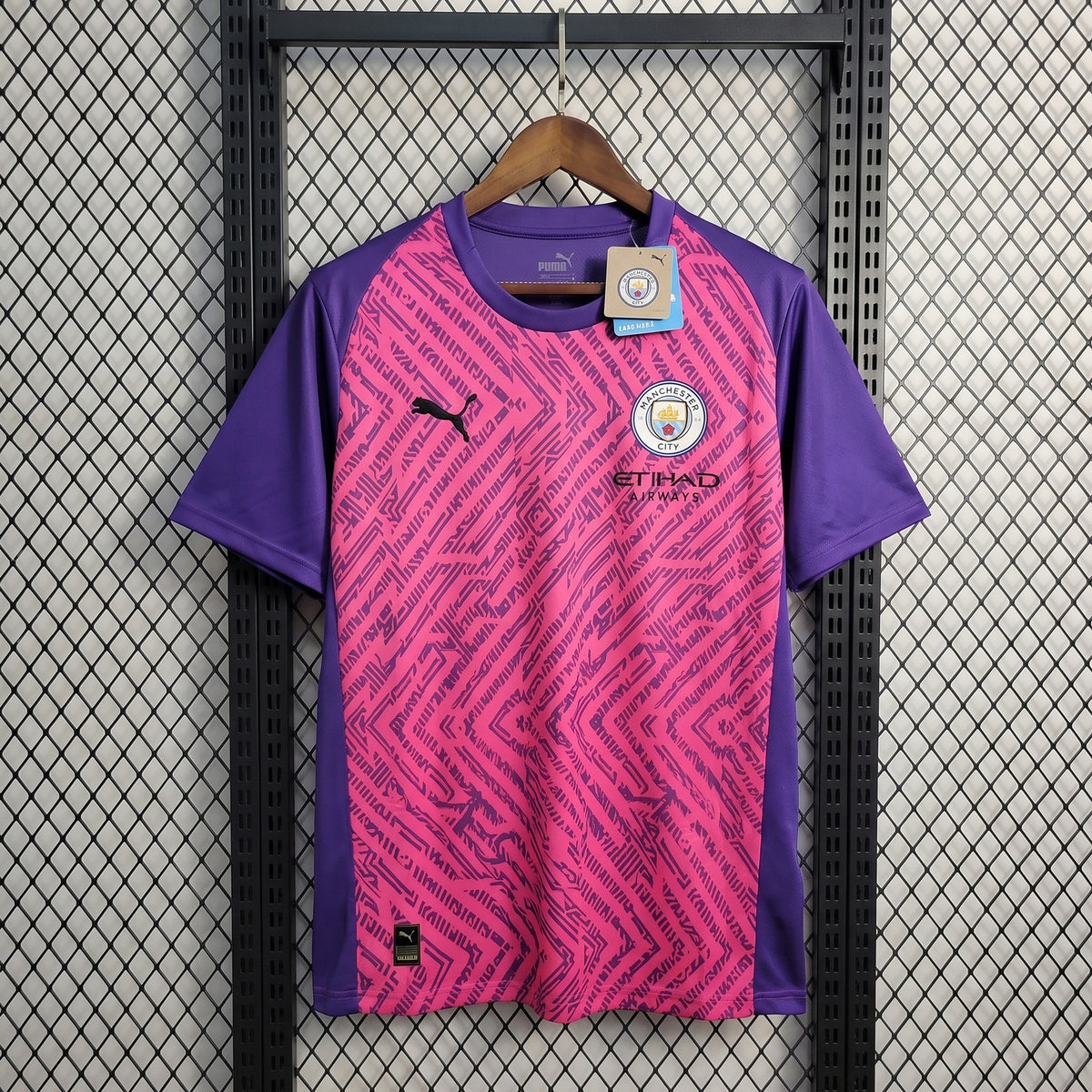 Geometric maze-print football jersey with purple raglan sleeves