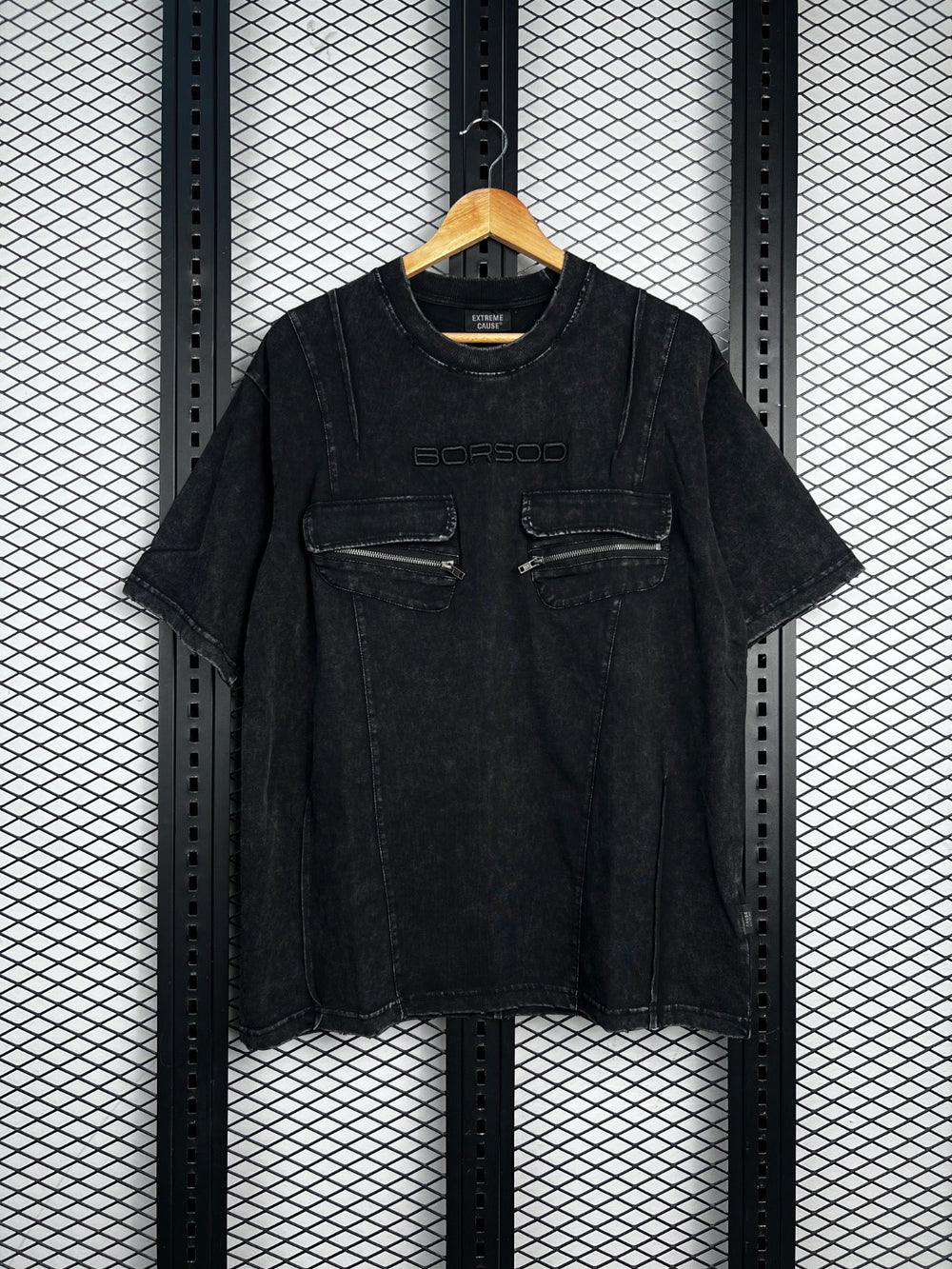 Paneled acid-wash tee with dual zip chest pockets