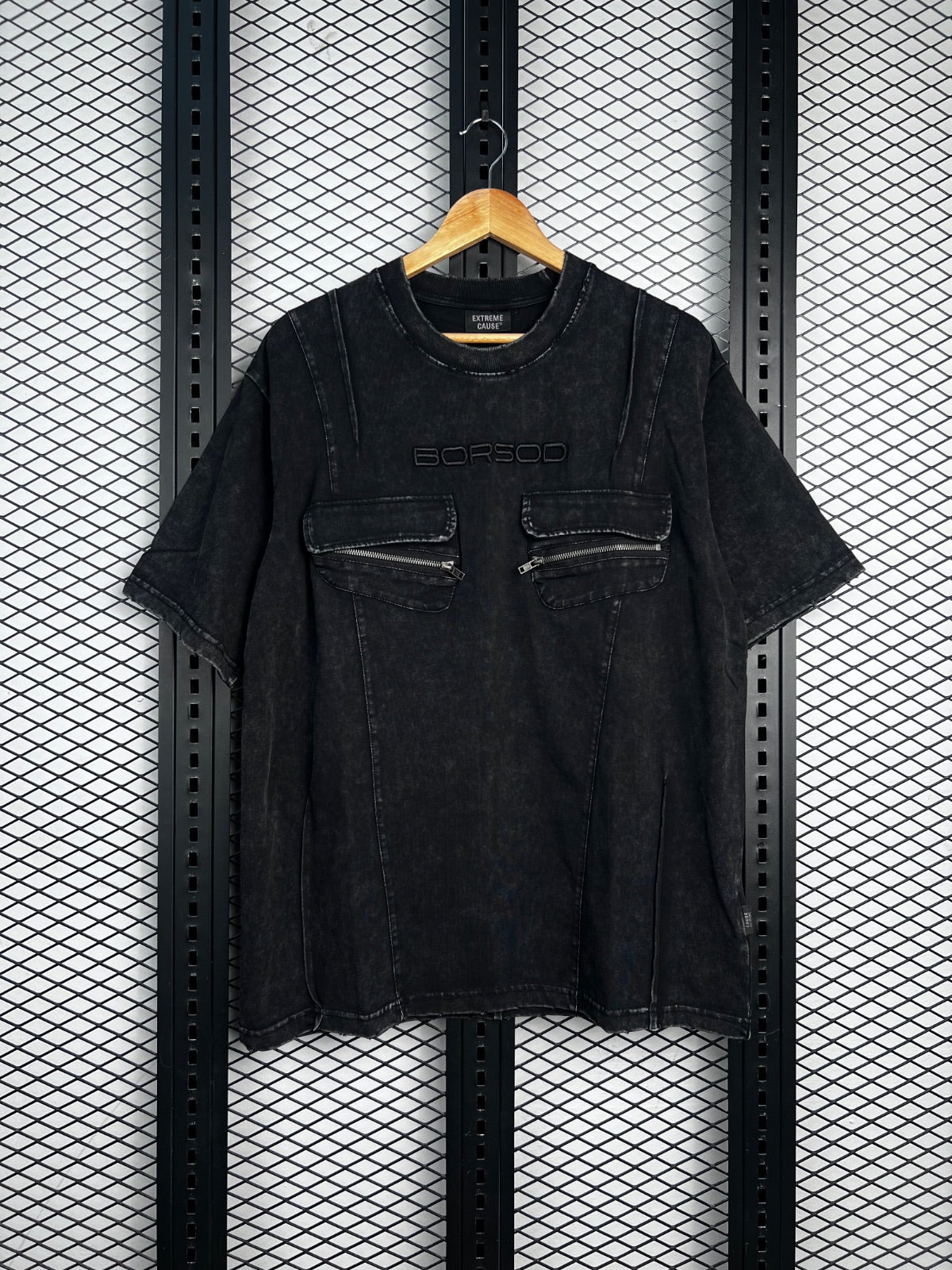 Paneled acid-wash tee with dual zip chest pockets