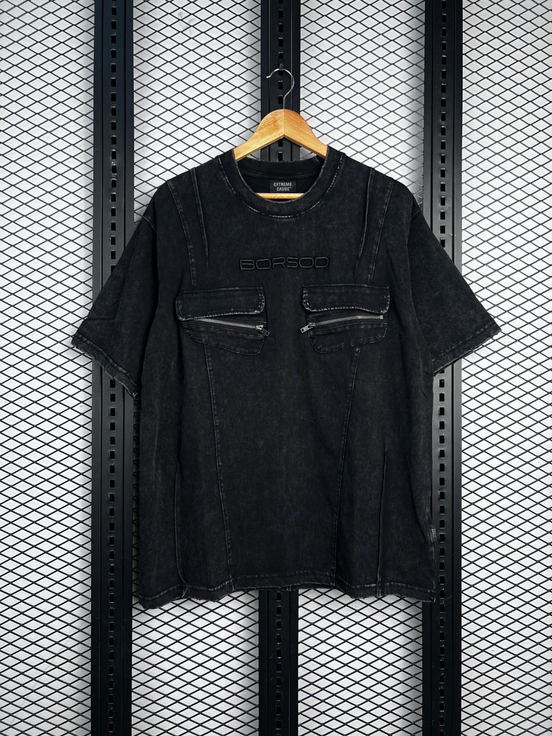 Paneled acid-wash tee with dual zip chest pockets
